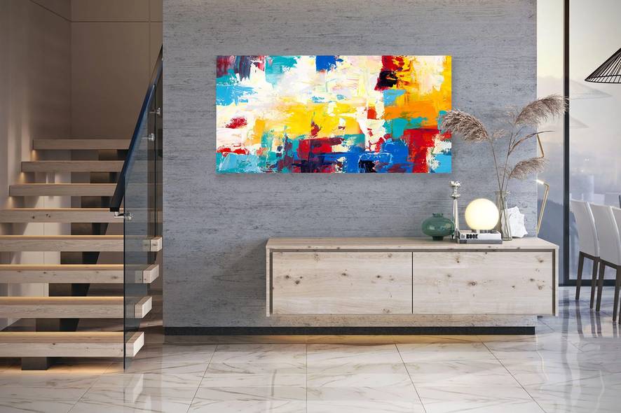 White Contemporary Yellow Abstract Canvas Artwork 6C0RJ wall art